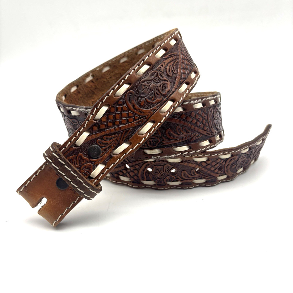 Vintage 80s Handmade Floral Tooled Whipstitch Trim Western Belt 32-39.5" FLAWED